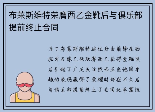 布莱斯维特荣膺西乙金靴后与俱乐部提前终止合同 布莱斯维特荣膺西乙金靴后与俱乐部提前终止合同