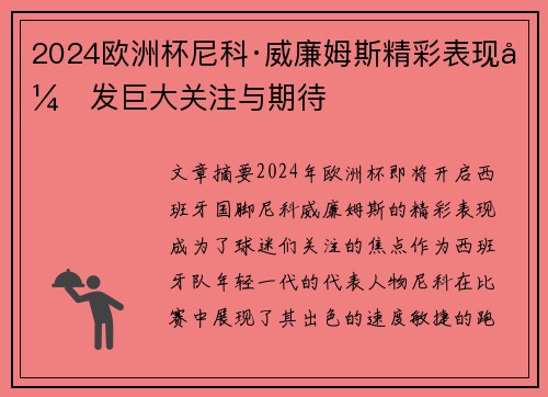 2024欧洲杯尼科·威廉姆斯精彩表现引发巨大关注与期待